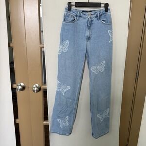 Hollister Womens 26/3R Blue Medium‎ Wash Ultra High Rise Dad Jeans Butterflies